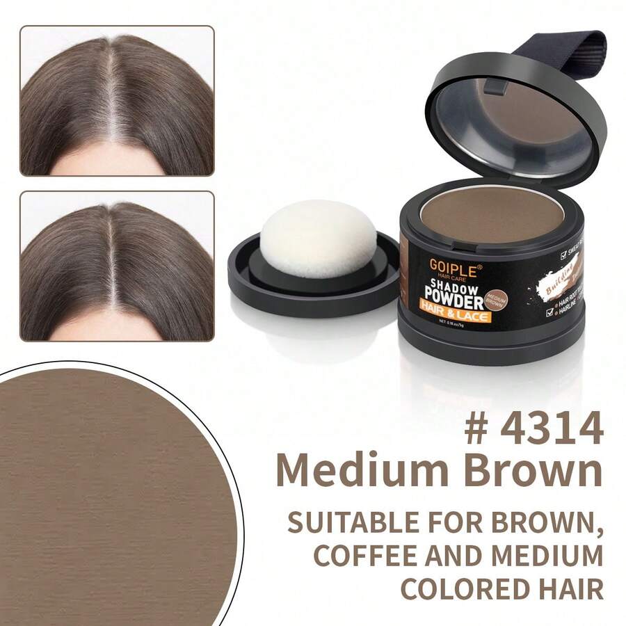 Goiple 0.18oz/5g Medium Brown Waterproof Sweat-Resistant Hairline Shadow Powder, Suitable For Sparse Hairline, Includes Soft Sponge Puff And Mirror