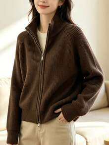 Korean Style Vintage Dark Brown High Neck Zipper Versatile Knit Sweater - Coffee Brown - View 2