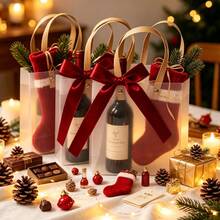 2/10/20pcs Set (Bag + Ribbon) - Transparent Frosted Plastic Gift Bag With Handle 7.9x5.9 Inches (Approx. 20X15X7cm), Reusable, With Ribbon Bow, Transparent Gift Packaging Bag, Suitable For Wedding, Birthday, Baby Shower (Red) - View 2