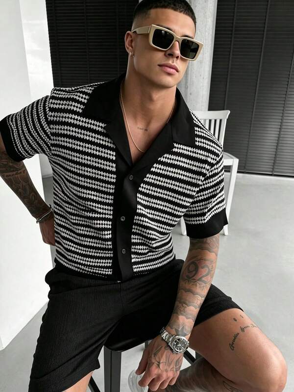 WAIT HIM Men's Striped Single-Breasted Casual Commuter Knit Short Sleeve Top