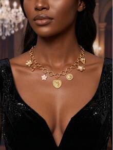 1 pièce Collier chaîne clavicule à pendentif multi-éléments avec décoration florale et nœud, bijou de cou de style vacances mode pour femmes, convient pour le port quotidien et les rassemblements de fête - Multicolore - Voir 1