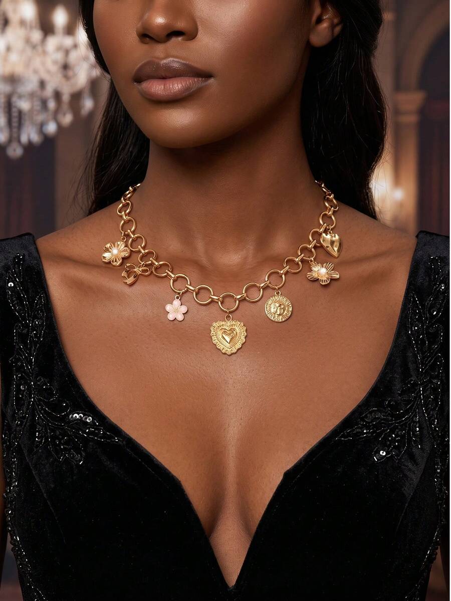 1 pièce Collier chaîne clavicule à pendentif multi-éléments avec décoration florale et nœud, bijou de cou de style vacances mode pour femmes, convient pour le port quotidien et les rassemblements de fête - Multicolore - Voir 1