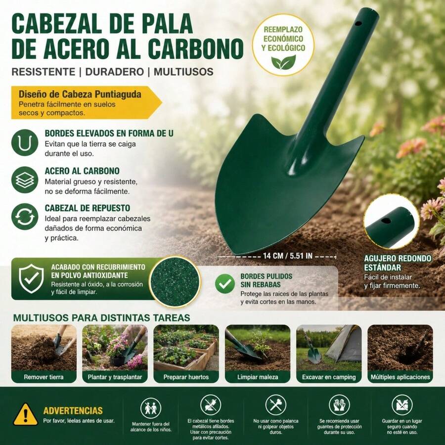 رأس مجرفة من الفولاذ الكربوني 14x44 سم، مجرفة حديقة مدببة بديلة للزراعة والنقل والحفر، مطلية بمسحوق أخضر - أخضر عسكري - مشاهدة 1