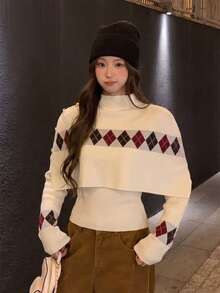 Autumn/Winter Korean Sweet Casual Style Argyle Knit Shawl Sweater Set For Women, High Neck Shawl + Base Layer Top 2-Piece Set, Autumn Style - Apricot - View 6