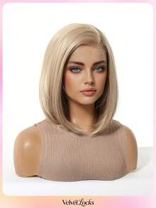 [Velvet Locks]New 13*4 Glueless Front Lace Wig, 12 Inch Flaxen Gold Short Straight Hair, Fashionable Women's No Bangs Pre-Trimmed Heat-Resistant Synthetic Hair, Soft And Smooth, Suitable For Beginners, Daily Wear, Y2K Style, Party, Cosplay, Dance, Travel, Holiday - 亞麻金 - 查看 5