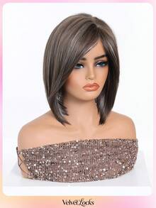 [Velvet Locks] Soft Heat-Resistant Layered Straight Side Part Bob Brown Highlights 12-Inch Synthetic Wig For Women For Elegant Daily Party - 挑染白色 - 查看 4