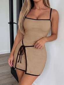 Women's White Y2K Fitted Spaghetti Strap Side Tie Wrap Mini Dress, Summer Autumn Party Vacation Outfit, Women's Commute Wear, Tropical Style - Coffee Brown - View 3