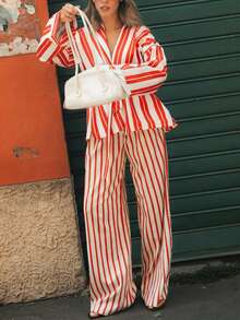 New Random Stripe Colorblock Belted Cardigan Jacket For Women, Vacation Daily Travel All Seasons - Red Apricot Stripe - View 8