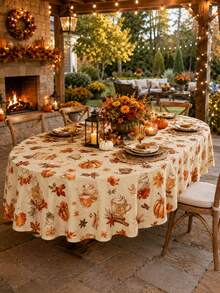 1pc Pumpkin Spice Coffee Round Tablecloth, Cream Polyester Dining Table Cover With Latte Cup, Cinnamon Stick, Pumpkin And Maple Leaf Print, Decorative Table Linen For Kitchen, Dining Room, Fall Gathering, Thanksgiving And Home Decor - Multicolor - View 2