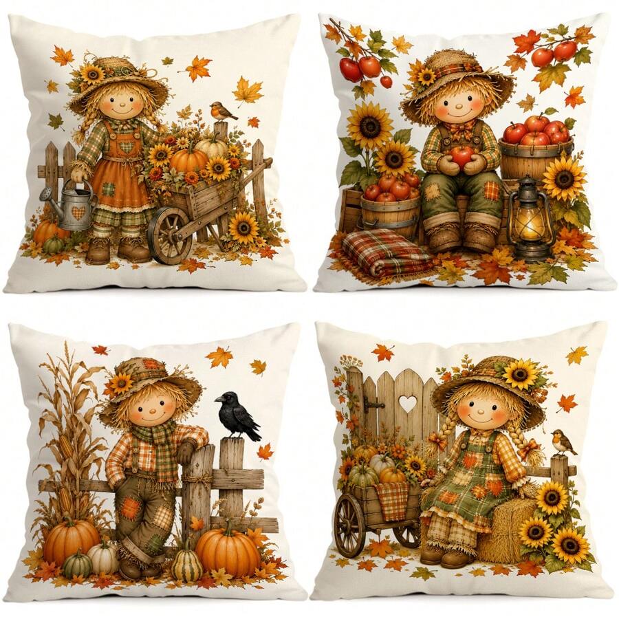 4pcs Autumn Harvest Scarecrow Pattern Pillow Covers Without Inserts, Single-Sided Printed Pillow Covers, Suitable For Living Room, Bedroom, Home Decor, All-Season Pillow Covers - Multicolor - View 1