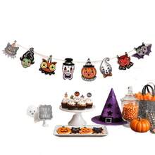 Banner de Halloween com Enfeites Pendurados Pequenos de Madeira, Conjunto Vintage de Fantasma e Abóbora de Desenho Animado, Decoração para Festa e Reunião, Fantasma de Desenho Animado - Multicolorido - Visão 2