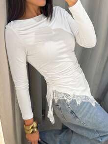 Women's Solid Color Round Neck Pleated Contrast Lace Asymmetrical Hem Top White - White - View 2
