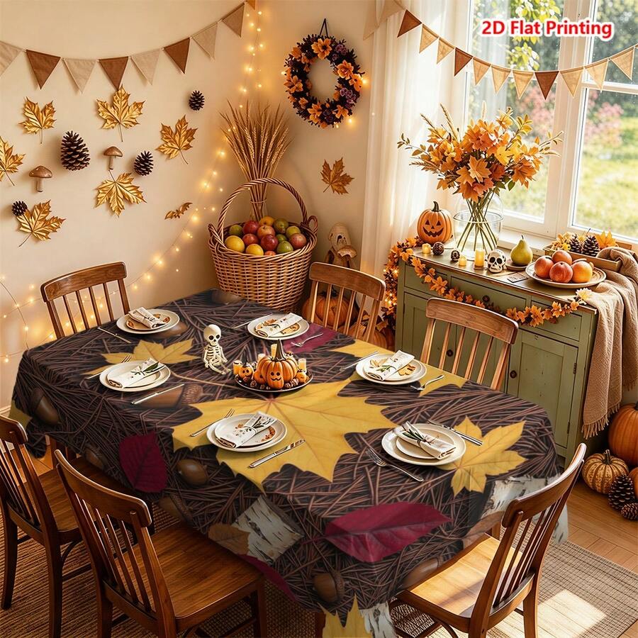 1/2pcs Autumn Tablecloth, Autumn Maple Leaf, Pine Needle, Acorn, Birch Bark Pattern Polyester Tablecloth, Suitable For Dining Room, Dining Table, Coffee Table, Kitchen, Picnic, Camping, Country Farmhouse Decor, Tabletop Protection And Autumn Holiday Decoration - Multicolor - View 1