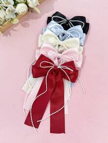 1pc Satin Double Layer Long Ribbon Pearl Chain Bow Hair Clip, Gentle Girl Half-Up Hair Accessory, Multi-Color Minimalist Versatile Hair Ornament, Back To School Gift - Multicolor - View 3