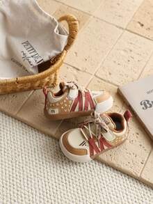 Pair Toddler Color Contrast Webbing PU Hook And Loop Toe Protection Flat Retro Sneakers For Daily Outdoor Wear - Khaki - View 4