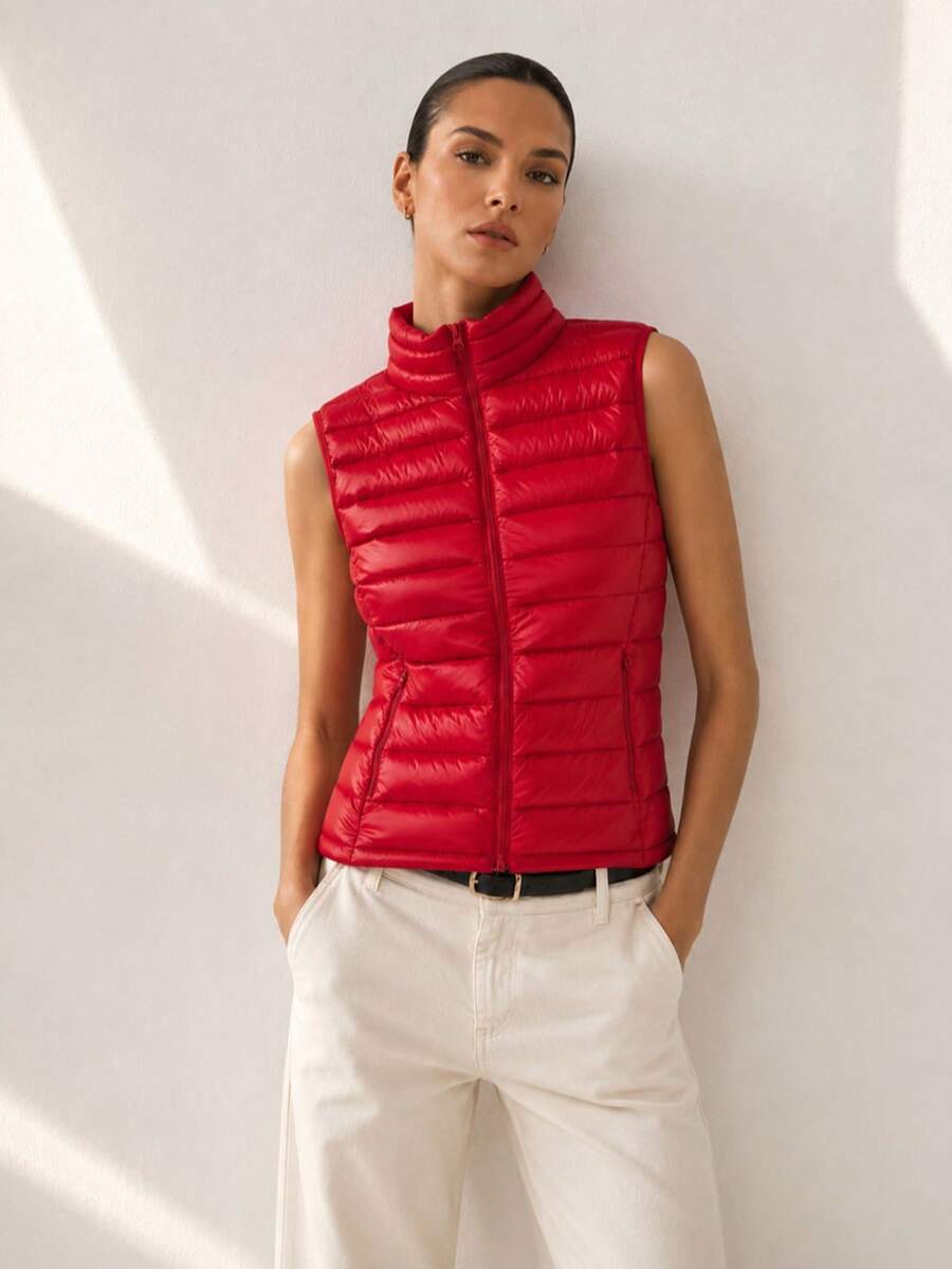 Women's Short Quilted Vest, Lightly Padded, Slightly Fitted, Zippered. - Red - View 1