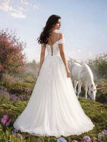 Elasola HEARBOBO Women's Applique Mesh Patchwork Elegant Cinched Waist Spaghetti Strap Wedding Dress Fall - White - View 3