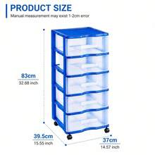 5-Tier Blue Plastic Storage Drawer Unit With Wheels Multipurpose Organizer With Transparent Drawers 83x37x39.5 Cm - 藍色 - 查看 7
