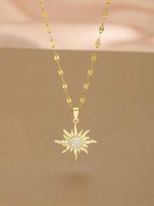 1pc Gold Plated Sparkly Rhinestone Sun Charm Necklace Dainty Boho Sunburst Charm Necklace Minimalist Fashion Jewelry Gift For Girls Daily Wear - Gold - View 4