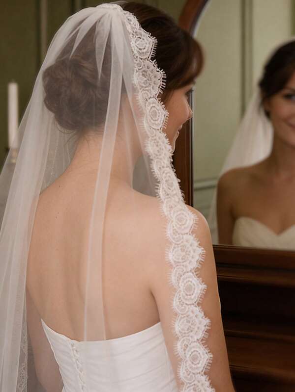 1pc White Soft Lace Trim Fingertip Length Bridal Veil With Hair Comb, Single Layer Breathable Wedding Bridal Gown Travel Photography Bachelorette Party Accessory