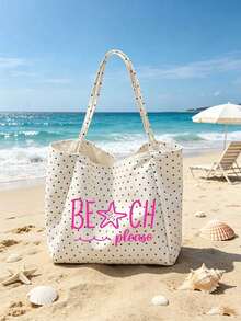 白色圓點海灘托特包，印有「Beach Please」字樣，大號帆布肩背包，海灘包，購物袋，適合購物與旅行，可折疊帆布肩背托特包，通勤包，平板電腦包，收納袋，夏季必備旅行包，適合海灘旅行、泳池日、購物與日常使用，女性、旅行者與海灘愛好者的理想選擇，適合春假、復活節、母親節、度假與禮物 - 彩色 - 查看 17