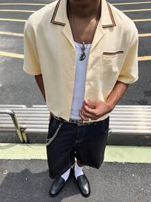Men's Casual Lapel Collar Drop Shoulder Short Sleeve Front Button Summer Shirt - Apricot - View 2