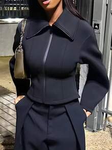 Women's Elegant Personalized Versatile Long Sleeve Waist-Cinching Short Jacket, Solid Color - Black - View 8