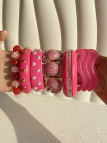 Gelang Logam Asimetris Geometris Blok Warna Merah Muda Manis, Gelang Resin Bergaris, Perhiasan Personalisasi Gaya Y2K untuk Gadis, Cocok untuk Pemakaian Sehari-hari dan Pesta. - MultiWarna - View 2
