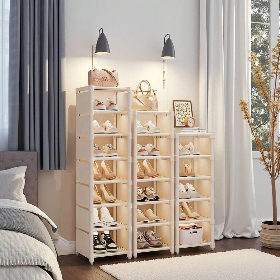 1pc 8-Tier Vertical Narrow Shoe Rack Organizer, Plastic Free Standing Shoe Storage Shelf With Baffle For Entryway Closet Bedroom