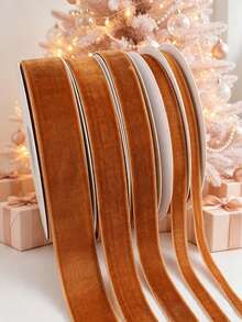 Flocked Ribbon Christmas Ribbon Suitable For Christmas Wreath Decoration, Christmas Ornament Decoration, Christmas Tree Decoration, Flocked Satin Ribbon Bow 1/4 Inch X 10 Yards (Multiple Sizes Available) With Paper Spool Easy To Store - Light Brown Size 10 - View 1