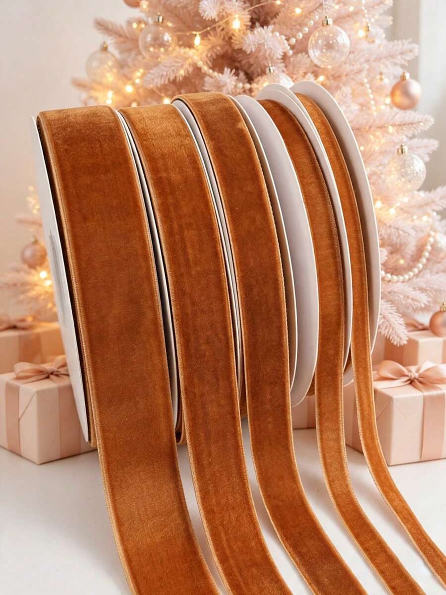 Flocked Ribbon Christmas Ribbon Suitable For Christmas Wreath Decoration, Christmas Ornament Decoration, Christmas Tree Decoration, Flocked Satin Ribbon Bow 1/4 Inch X 10 Yards (Multiple Sizes Available) With Paper Spool Easy To Store - Light Brown Size 10 - View 1