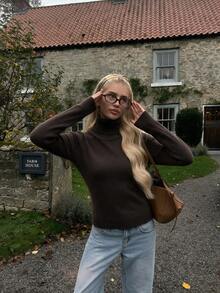 Sookaug Dark Brown High Neck Knitted Sweater Women Autumn Winter Slim Fit Base Layer Top, Flattering Versatile Long Sleeve Pullover, Ribbed Knit Regular Fit Top, Suitable For Autumn Winter Outfits - Brown - View 3