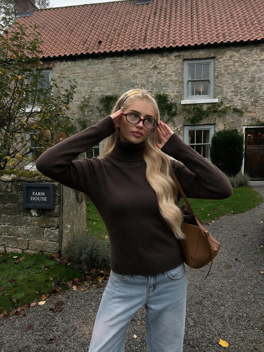 Sookaug Women's Dark Brown High Neck Knitted Sweater, Slim Fit Base Layer Top, Flattering Versatile Long Sleeve Top, Ribbed Knit, Regular Fit Pullover, Suitable For Autumn/Winter - Brown - View 1