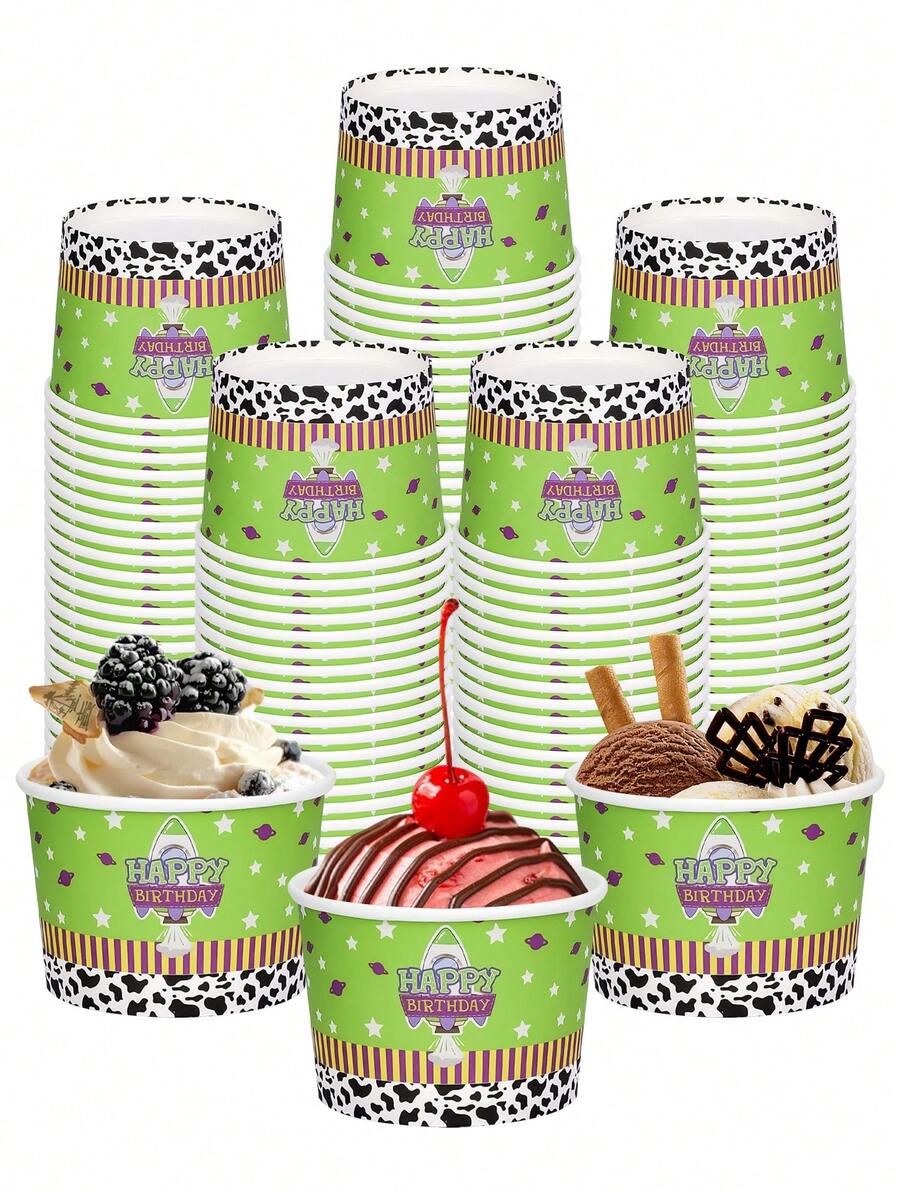 10pcs/20pcs/50pcs 3.39 Inch Top Diameter 2.95 Inch Bottom Diameter 2.4 Inch Height Space Rocket Cow Print Paper Ice Cream Bowls,Green Star Planet Snack Cups,Dessert Containers For Sundae Yogurt Chips,Cartoon Outer Space Birthday Party Table Supplies - Multicolor B - View 1
