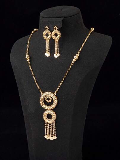 3pcs Copper Plated 18k Champagne Gold Wheat Ear Round Ring Tassel Y-Shaped Long Necklace & Earrings Set, Luxury Long Necklace & Long Earrings Suitable For Bride, Wedding, Party, Daily Casual, Vacation, Valentine's Day, Anniversary, Gift For Women Jewelry Set