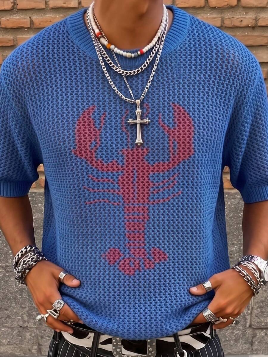 ANDREILEE Men's Unisex Knit Top Street Casual Lobster Pattern Hollow Out Semi-Sheer Round Neck Short Sleeve Pullover T-Shirt Spring Summer - Blue - View 1