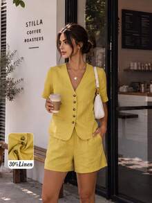Setelan Blazer dan Celana Pendek Wanita Kasual untuk Liburan Sehari-hari, Bahan Campuran Linen, Warna Polos, Kerah V, Kancing Tunggal, Lengan Pendek Longgar, Musim Panas - Mustard Yellow - View 1