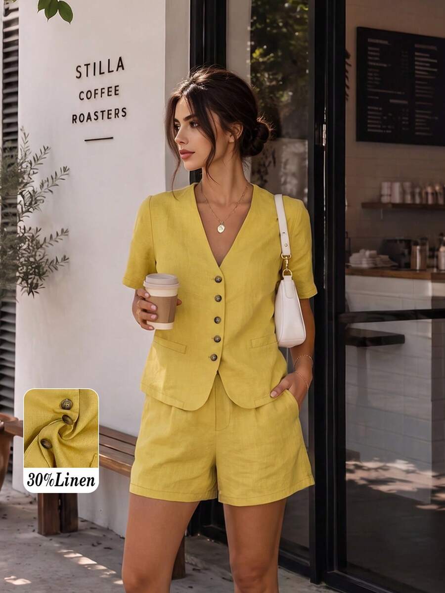 Setelan Blazer dan Celana Pendek Wanita Kasual untuk Liburan Sehari-hari, Bahan Campuran Linen, Warna Polos, Kerah V, Kancing Tunggal, Lengan Pendek Longgar, Musim Panas - Mustard Yellow - View 1