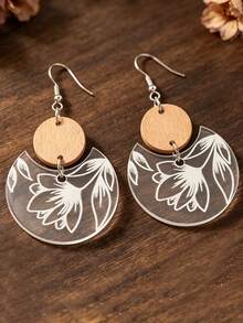 1 Pair Vintage Floral Print Transparent Acrylic & Wooden Disc Dangle Earrings - Transparent White - View 4