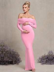 JustVH Pregnant Women's Ruched Mesh Open Shoulder Dress, Elegant Fitted Party Gown With Mermaid Hem Fall Pink - Pink - View 8