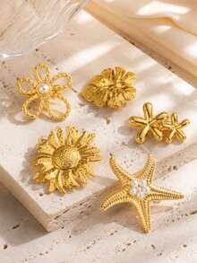 VceTd1/5PCS Fashionable Romantic Floral/Starfish Design Stainless Steel Brooch Suitable For Women's Daily Wear, Vacation, Evening Wear Or Holiday Gift - Golden - View 7