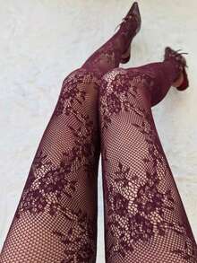Lolita Sweet Punk Floral Over-The-Knee Tights, Colorful Sexy Hollow Mesh Fishnet Stockings Lingerie For Women - Burgundy - View 5