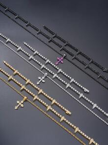 Hip-Hop Style Rhinestone Jewelry Gift Set, Layered Spiked Rhinestone Necklace & Cross Pendant Bracelet, Men's Birthday Gift - Double Layer Layered Necklace - View 4