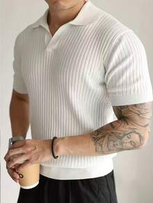 Super Hot New Men's Casual Short Sleeve Polo Shirt, Turn-Down Collar, Small Ribbed Knit Pullover Sweater Top - White - View 2