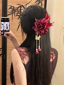 2026新款中式紅花流蘇蝴蝶髮夾女用（背面使用膠水黏貼） - 彩色 - 查看 4