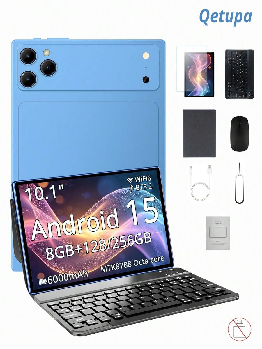 Qetupa 10.1-Inch Android 15 Tablet With Protective Case, Screen Protector, Keyboard And Mouse, 8GB RAM And 128GB/256GB Internal Storage (Supports 1TB Expansion), 1280x800 Screen, 5MP Front Camera And 13MP Rear Camera, 6000mAh Battery - Baby Blue - View 1