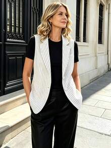 New Professional Commuter Western Collar Striped Vest For Women, Elegant Sleeveless Jacket Vest Top For Spring And Autumn White Summer - White - View 10