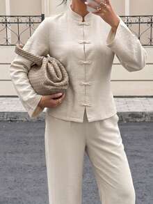 Women's Apricot 2 Pieces Set Non-Stretch Stand Collar Frog Button Long Sleeve Top & Wide Leg Pants Casual Outfit - Apricot - View 9