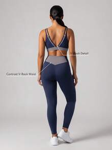 Sodalemon Women's Colorblock Gym Set, 2-Piece Set With Double Strap Sports Bra And Butt-Lifting Running Fitness Yoga Leggings - Navy Blue - View 2