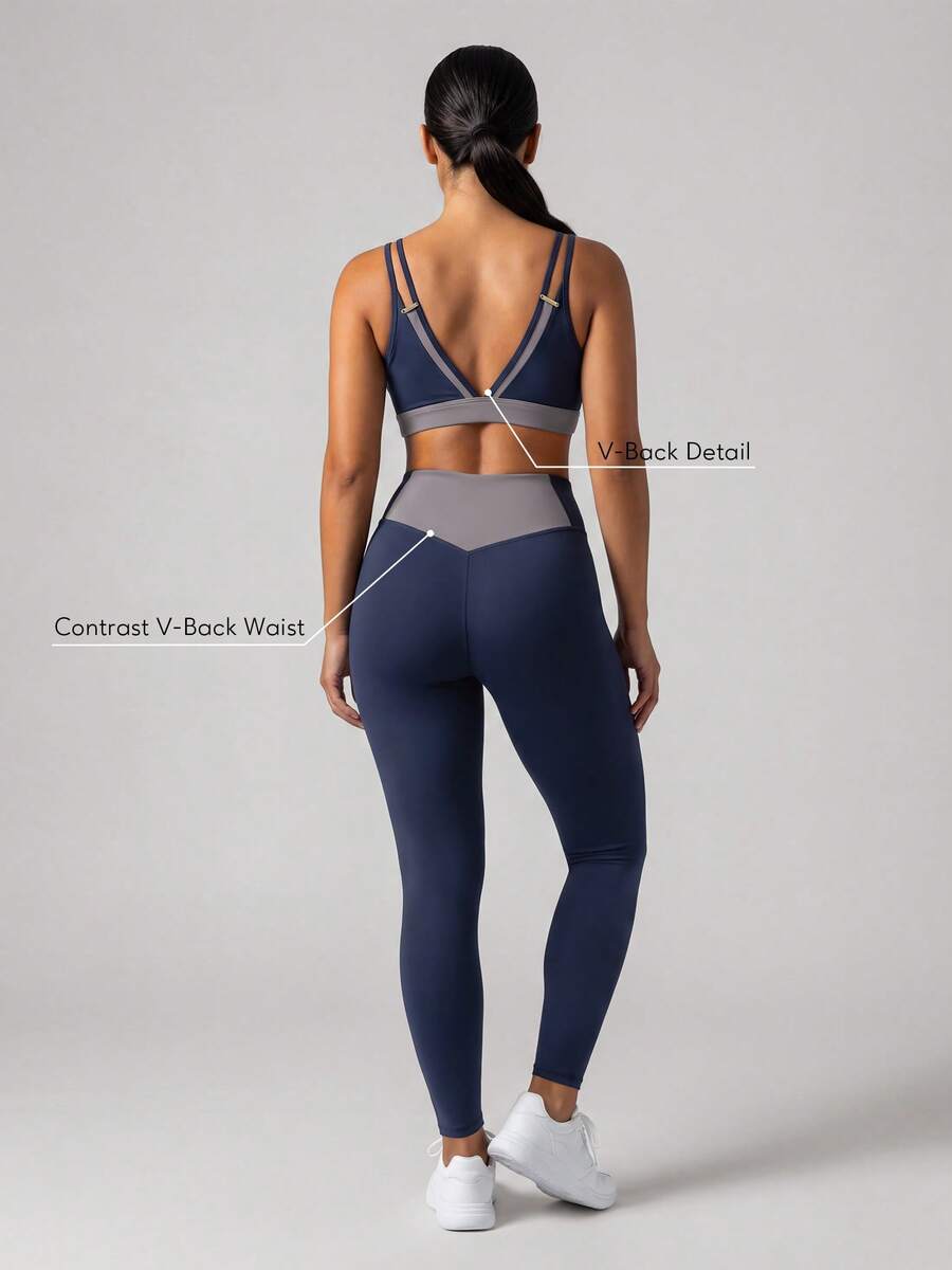 Sodalemon Women's Colorblock Gym Set, 2-Piece Set With Double Strap Sports Bra And Butt-Lifting Running Fitness Yoga Leggings